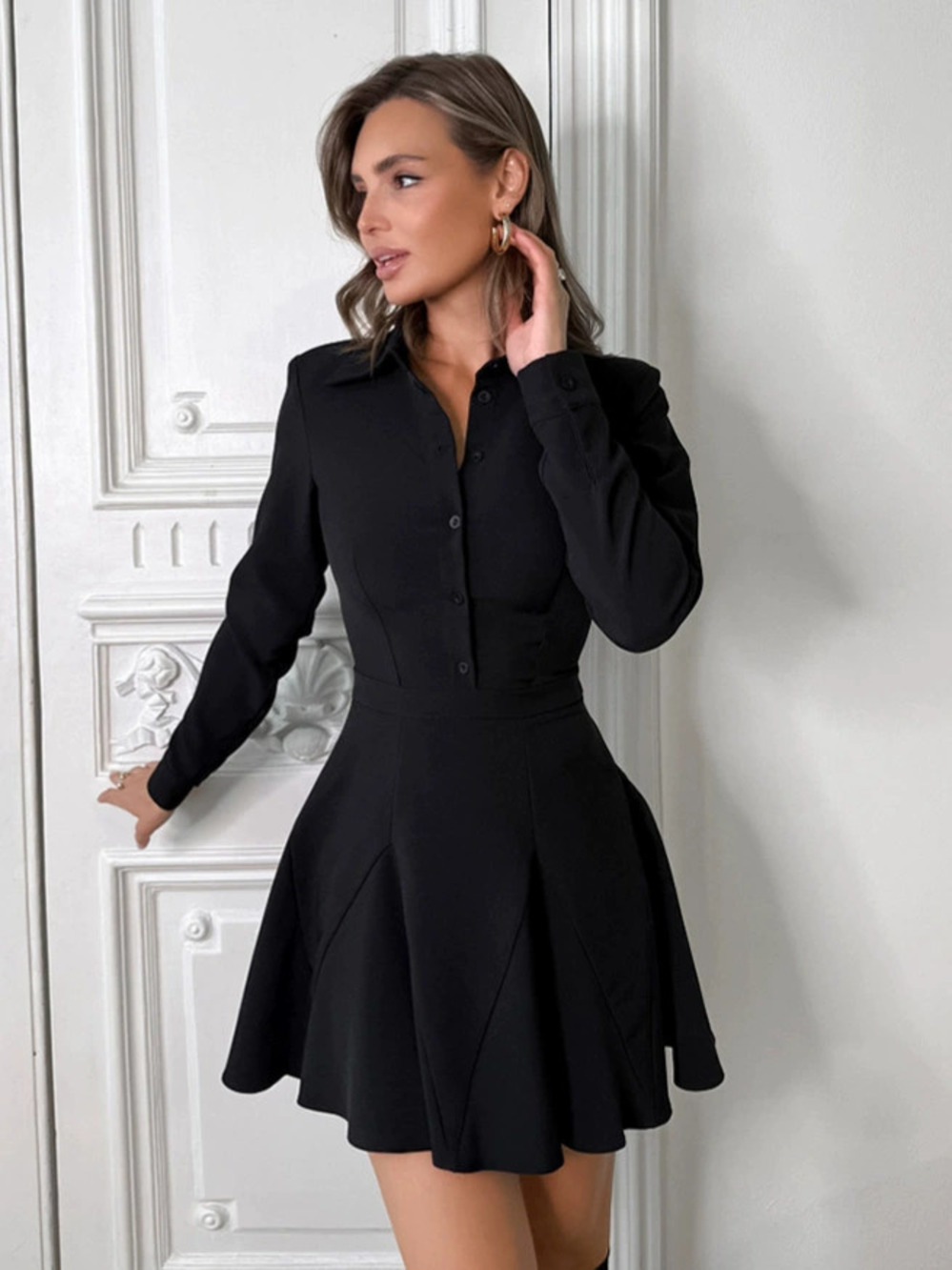 Forever 21 Fall Winter Black Long Sleeve Notch Collar Fitted Work Shirt Dress